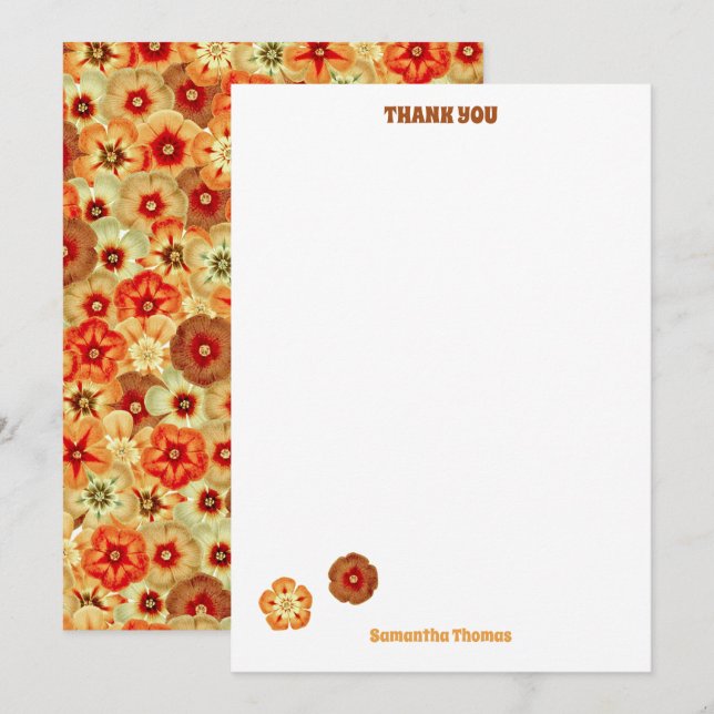 Groovy Retro Orange Hippie Flowers Mönster Tack Kort (Fram/baksida)