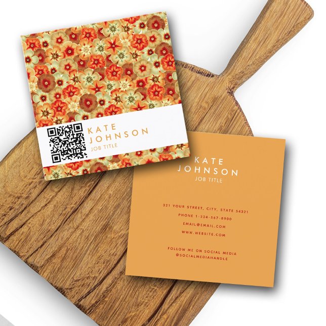 Groovy Retro Orange Hippie Flowers QR-kod Fyrkantigt Visitkort (Groovy Retro Orange Hippie Flowers QR Code Square Business Card)