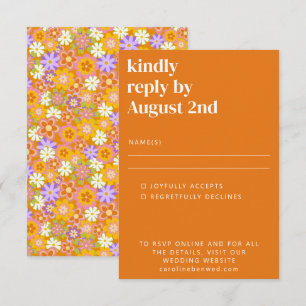 Groovy Retro Orange Lila blommor Bröllop OSA Kort
