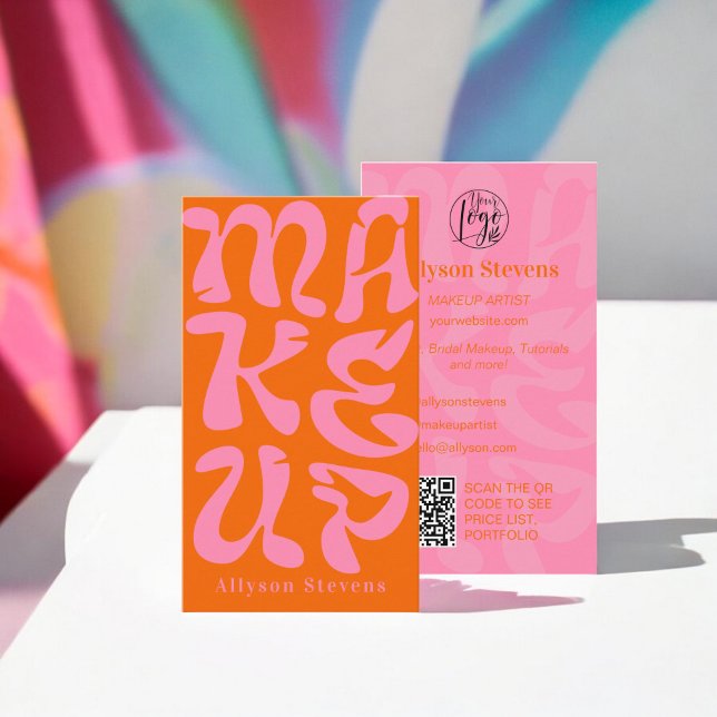 Groovy retro orange logotyp qr-kod Makeup Visitkort (Groovy retro orange logo qr code Makeup Business Card)
