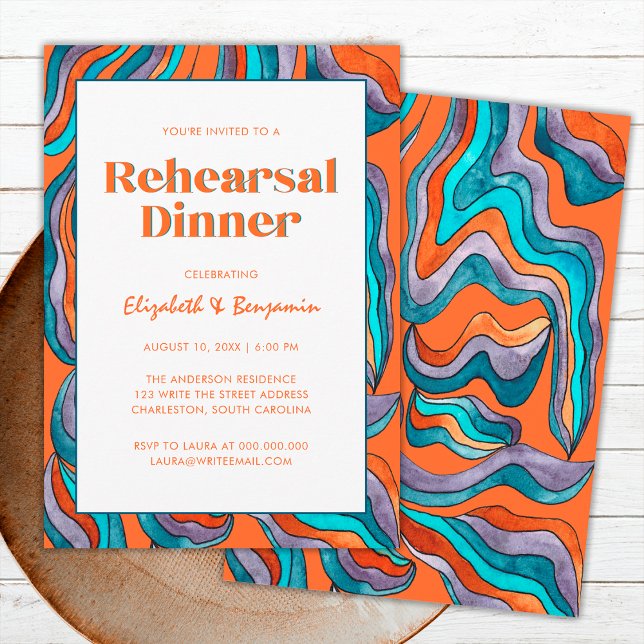 Groovy Retro Orange Vågig Bröllopsrepetition Midda Inbjudningar (Front and Back)