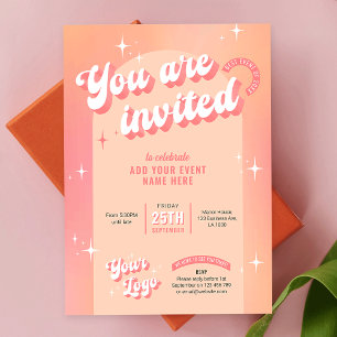 Groovy Retro Peach Rosa Modern Logotyp Business Ev Inbjudningar