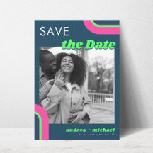 Groovy Retro Photo Save Date - Teal & Rainbow