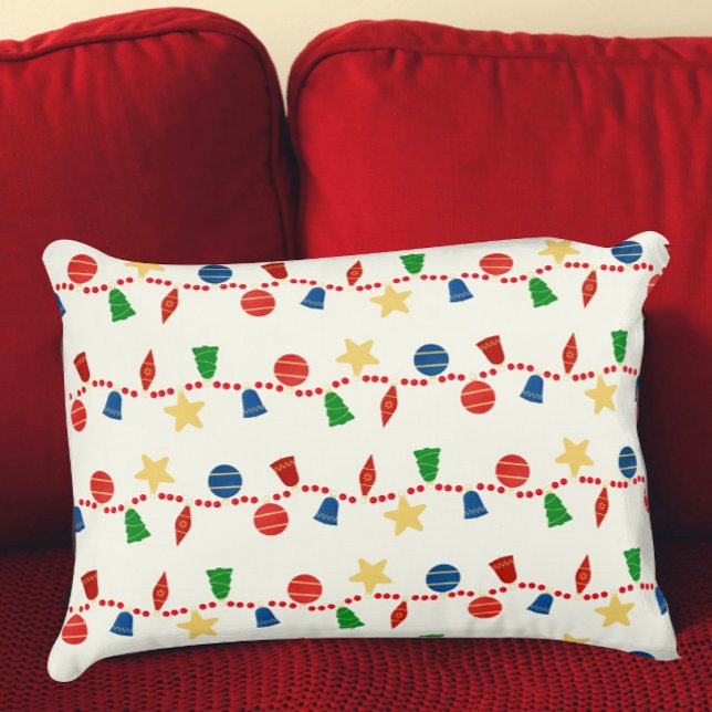 Groovy retro-prydnadsföremål och trädgårdsmark prydnadskudde (red blue gold vintage Christmas ornaments pillow)