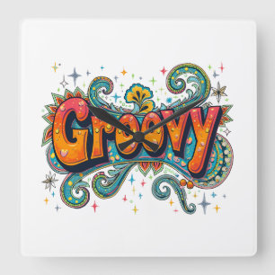 Groovy Retro Psychedelic 70-talets Funky Hippie Ar Fyrkantig Klocka