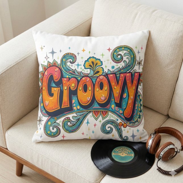 Groovy Retro Psychedelic 70-talets Funky Hippie Ar Kudde (Groovy Retro Psychedelic 70s Funky Hippie Art Throw Pillow Mockup A)