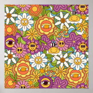 Groovy Retro Psychedelic Blomsterträdgård Mönster Poster