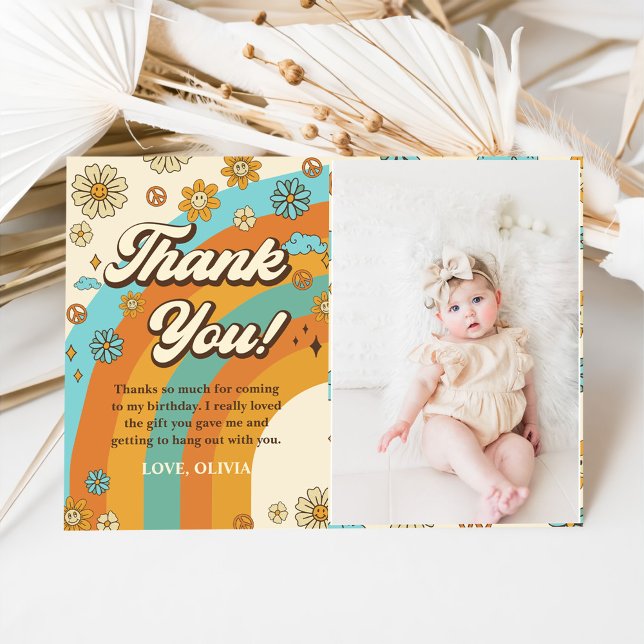 Groovy Retro Rainbow Birthday Photo Tack Kort (Skapare uppladdad)