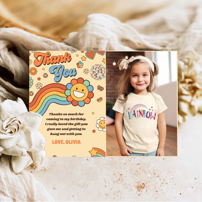 Groovy Retro Rainbow Birthday Photo Tack Kort (Skapare uppladdad)