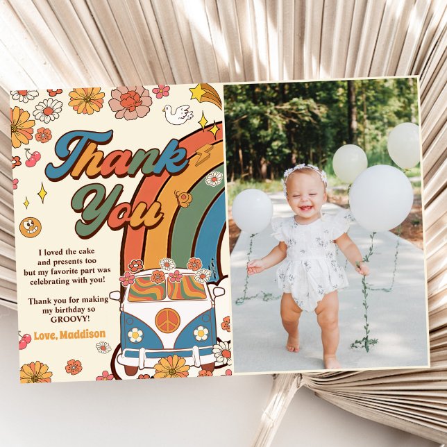 Groovy Retro Rainbow Birthday Photo Tack Kort (Skapare uppladdad)