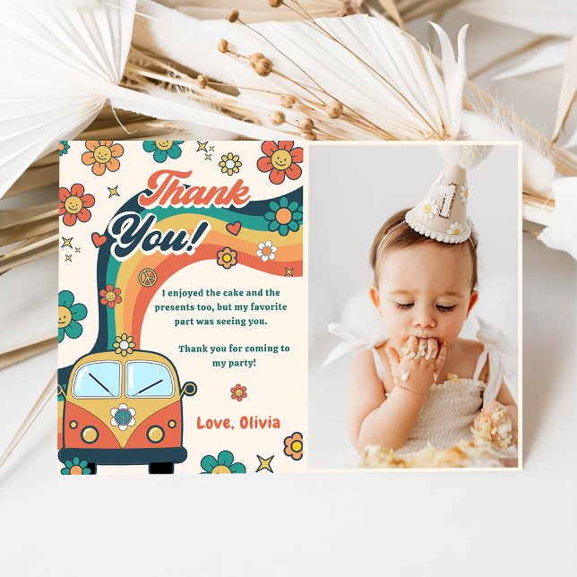 Groovy Retro Rainbow Birthday Photo - tackkort Inbjudningar (Skapare uppladdad)