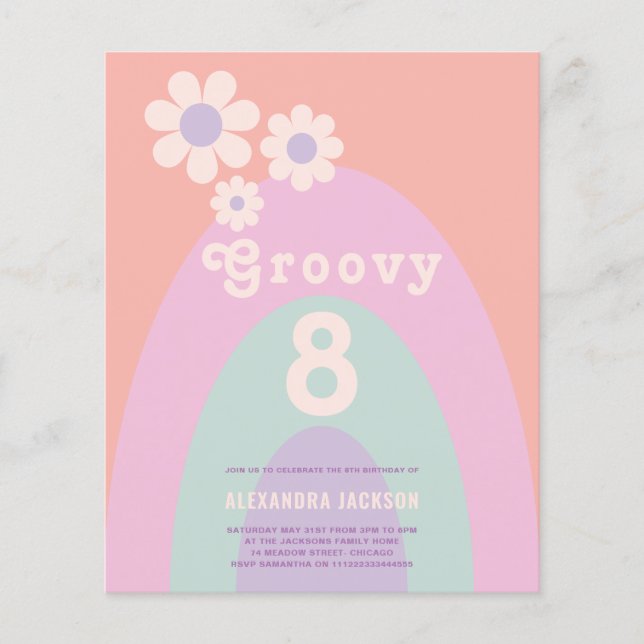 Groovy Retro Rainbow Blommigt Födelsedagsfest Budg Flygblad (Framsidan)