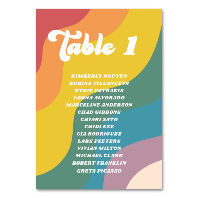 Groovy Retro Rainbow Bordsnummer Guest Namn Card (Framsidan)