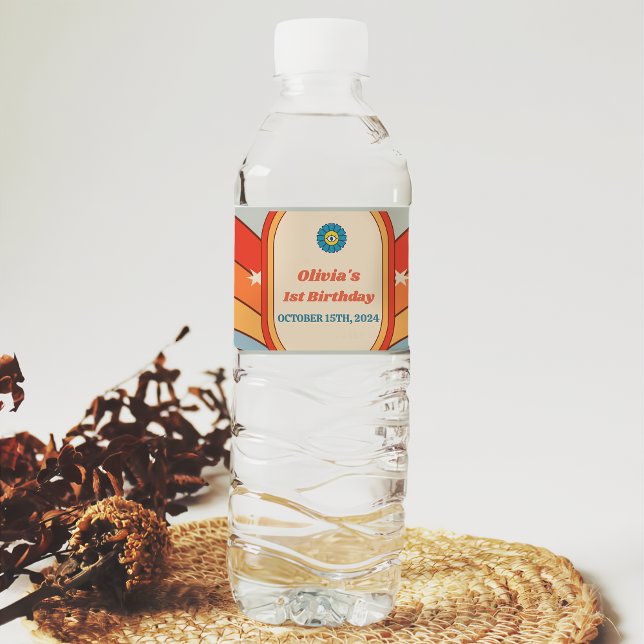 Groovy Retro Rainbow Födelsedagsfest Vattenflaskor Etikett (Skapare uppladdad)