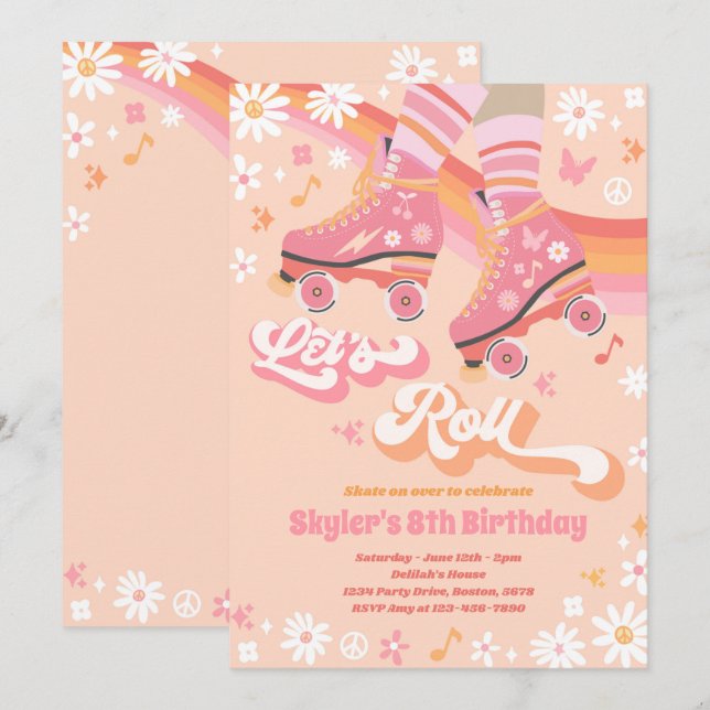 Groovy Retro Rainbow Roller Skating Födelsedagsfes Inbjudningar (Fram/baksida)