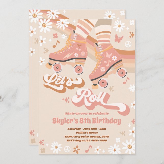 Groovy Retro Rainbow Roller Skating Födelsedagsfes Inbjudningar (Fram/baksida)
