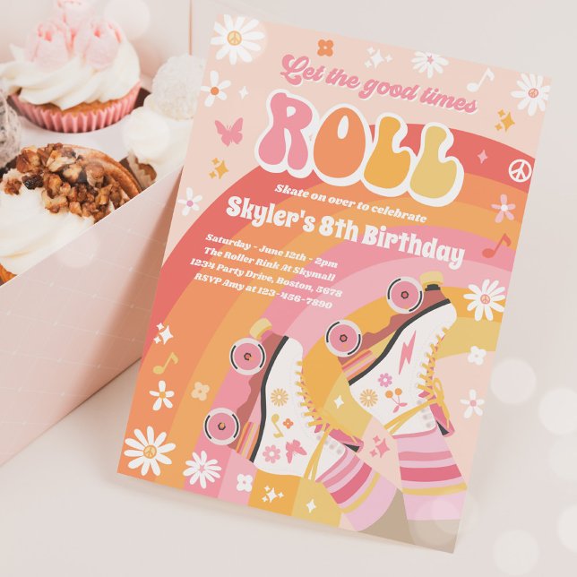 Groovy Retro Rainbow Roller Skating Födelsedagsfes Inbjudningar (Skapare uppladdad)