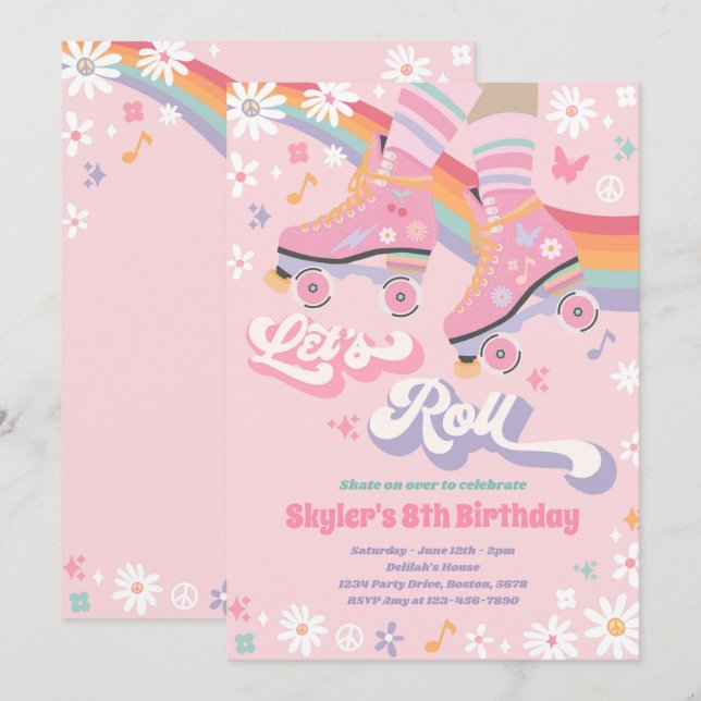 Groovy Retro Rainbow Roller Skating Födelsedagsfes Inbjudningar (Fram/baksida)