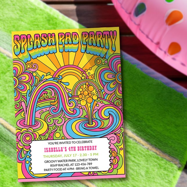Groovy Retro Regnbåge Splash Pad Coola Barns Födel Inbjudningar (Splash Pad birthday invitation for kids pool party, water park, park picnic etc.)
