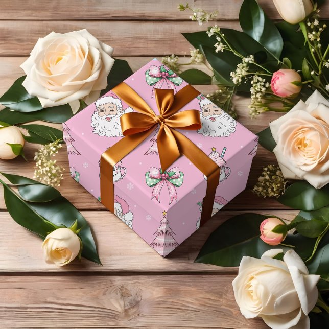 Groovy Retro Rosa Jultomten Wink Wrapping Papper Presentpapper (Groovy Retro Pink Santa Claus Wink Wrapping Paper)