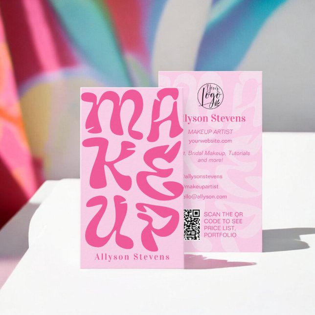 Groovy retro rosa logotyp qr-kod Makeup Visitkort (Groovy retro pink logo qr code Makeup Business Card)