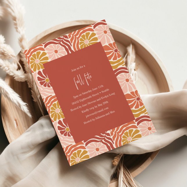 Groovy Retro Rosa Rust Blommigt Boho Fall Fete Inbjudningar (Skapare uppladdad)