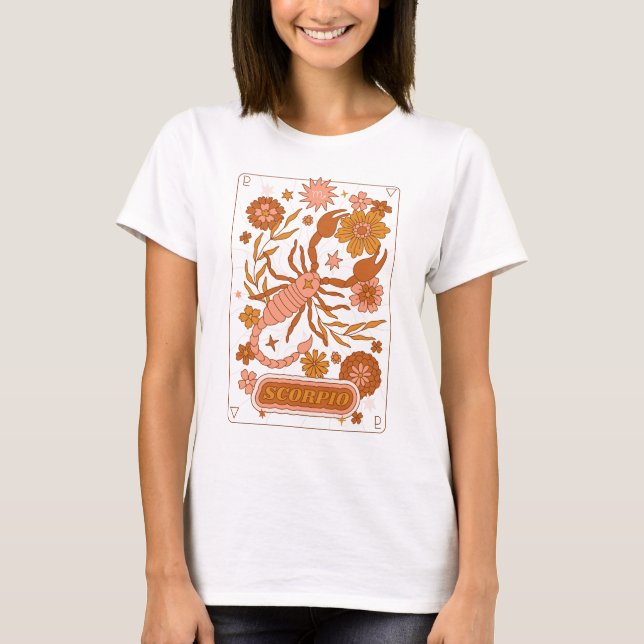 Groovy Retro Scorpio Horoscope Astrology Brown T Shirt (Framsida)