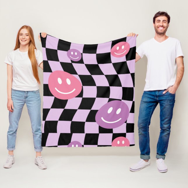 Groovy Retro Smiley Checkerboard, Y2K 90s Fleecefilt (På plats)