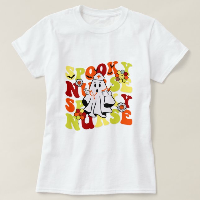 Groovy Retro Spooky Nurse Ghost Halloween T Shirt (Design framsida)