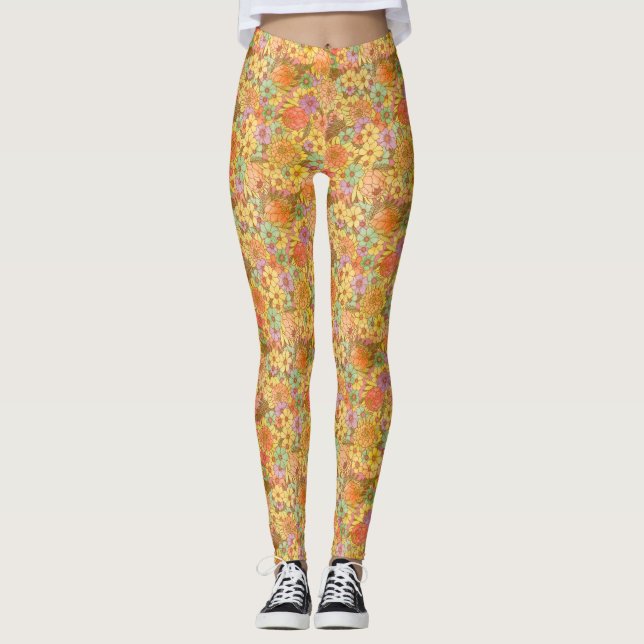 Groovy Retro Summertime Protea och Daisy Mönster Leggings (Framsida)
