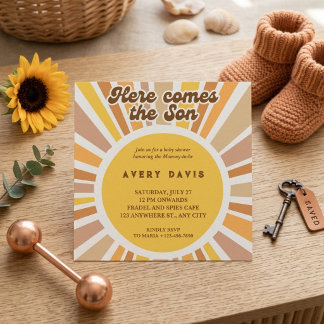 Groovy Retro Sunburst Gul Orange Baby Shower Inbjudningar