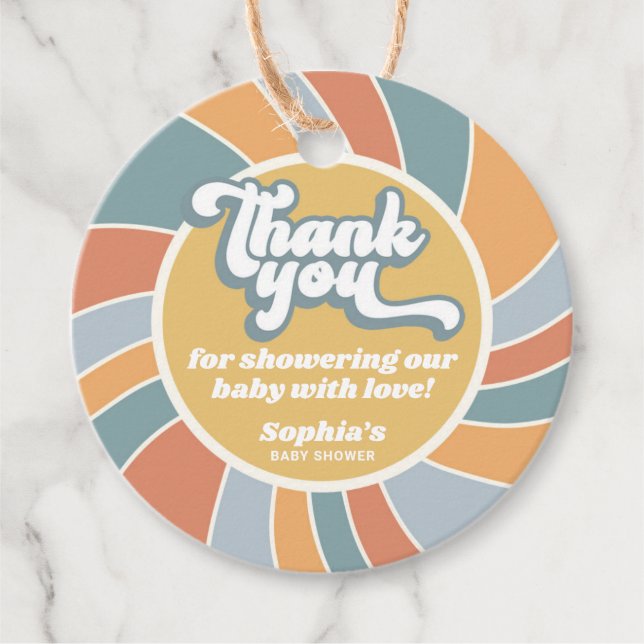 Groovy Retro Sunshine Baby Shower Tack Gåvor Etiketter (Framsida)
