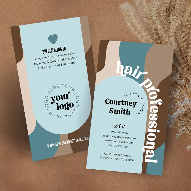 Groovy Retro Teal & Beige Hair Salon Hairdresser Visitkort (Trendy hair stylist business cards with retro fonts and your logo)
