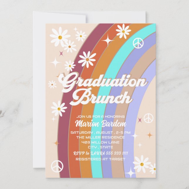 Groovy retro vattenfärg examen brunch inbjudningar (Framsida)
