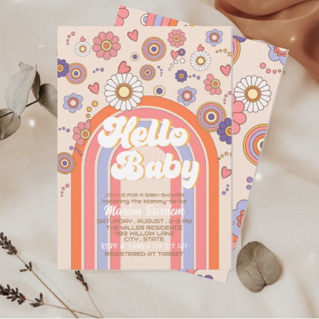Groovy retro vattenfärg hello baby shower inbjudningar (Skapare uppladdad)