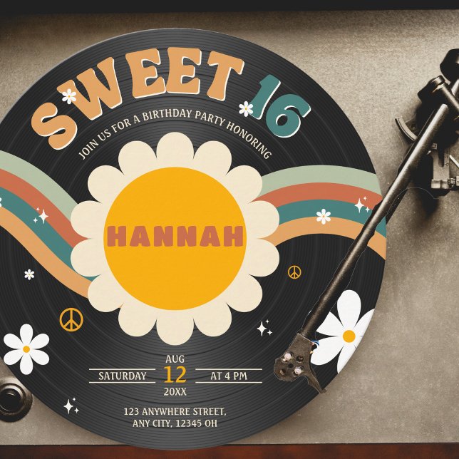 Groovy Retro Vinyl Record Girl's Sweet 16 Birthday Inbjudningar (Skapare uppladdad)