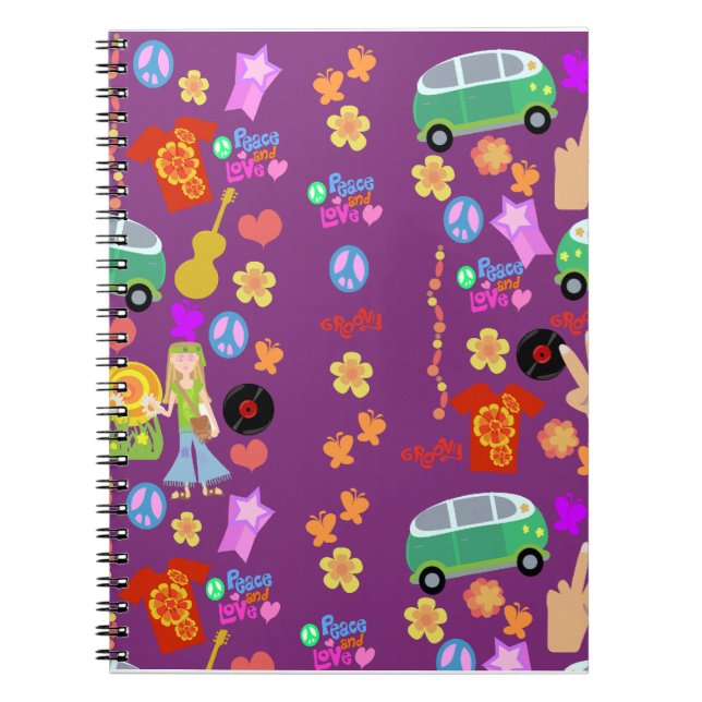 Groovy Roligt Hippie Lila Mönster Art Anteckningsbok Med Spiral (Framsidan)