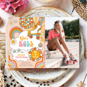 Groovy Roller Skate Retro 70s Regnbåge Birthday Inbjudningar