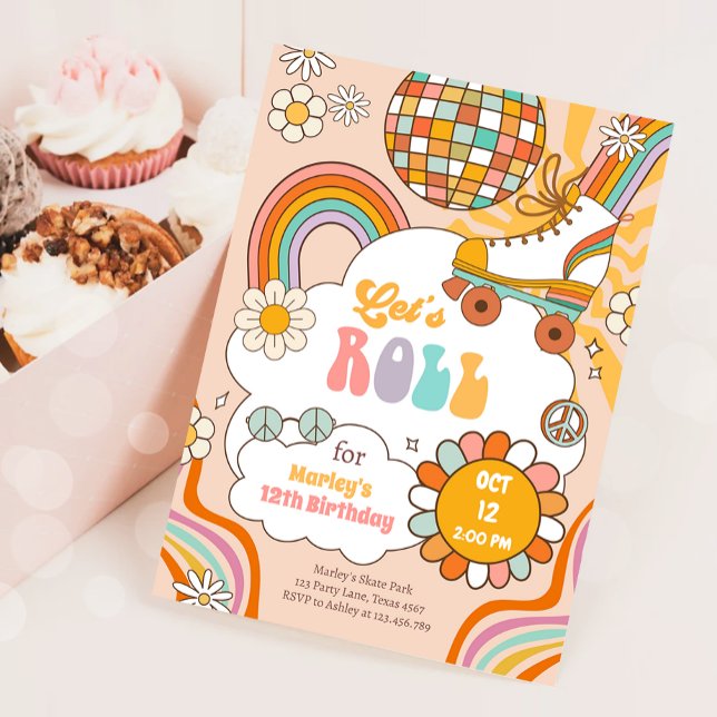 Groovy Roller Skate Retro 70s Regnbåge Birthday Inbjudningar (Skapare uppladdad)