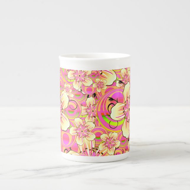 groovy rosa blommönster benporslin mugg (Framsidan)