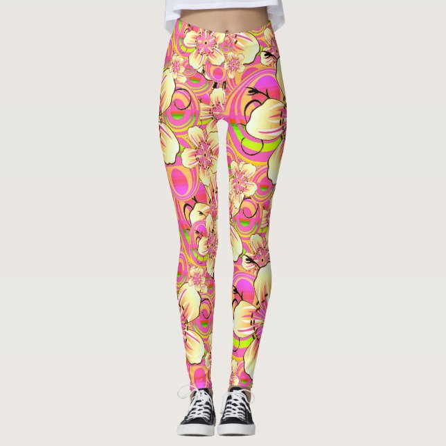 groovy rosa blommönster leggings (Framsida)