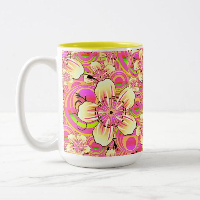 groovy rosa blommönster Två-Tonad mugg (Vänster)
