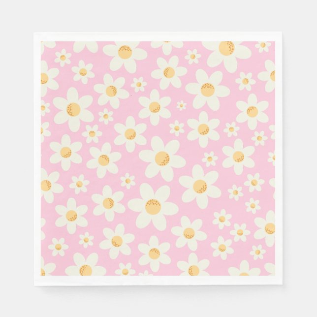 Groovy Rosa Daisy Birthday Napkins - Retro Boho 1s Pappersservett (Framsidan)