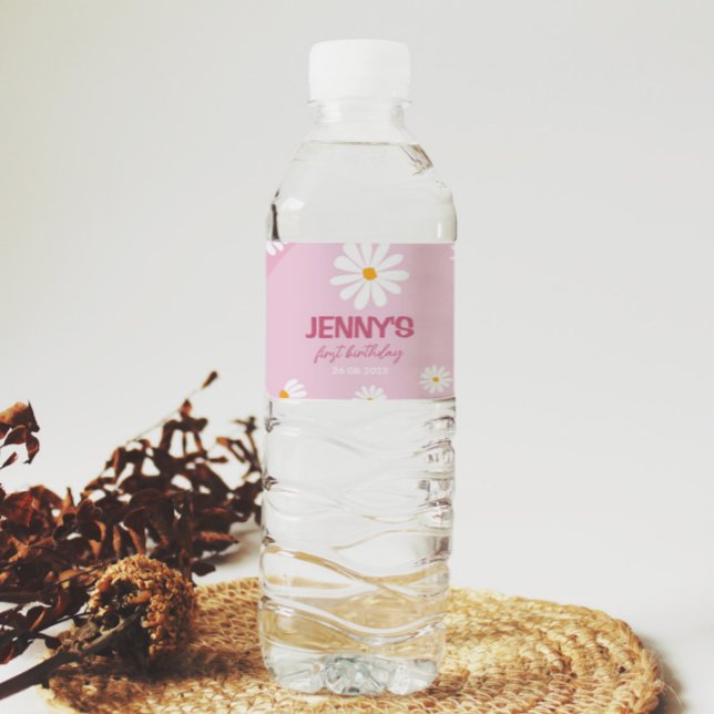 Groovy Rosa Daisy Birthday Vattenflaska Label Vattenflaskor Etikett (Skapare uppladdad)