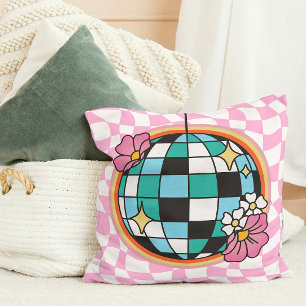Groovy Rosa Disco Boll 60-tal Hippie Retro Checker Kudde