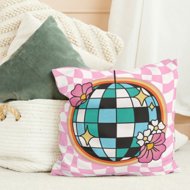 Groovy Rosa Disco Boll 60-tal Hippie Retro Checker Kudde (Groovy Pink Disco Ball 60s Hippie Retro Checkered Throw Pillow college dorm room decor decoration)
