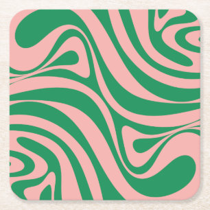 Groovy Rosa och Grönt Retro Swirls Underlägg Papper Kvadrat