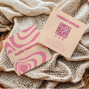 Groovy Rosa Retro Våg med QR-kod Fyrkantigt Visitkort
