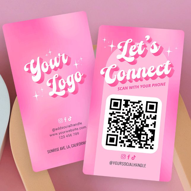 Groovy Rosa Trendig Låt oss Connect Social QR-kod Visitkort (Groovy pink QR Code Business Cards featuring retro fonts, your logo and scannable QR code)