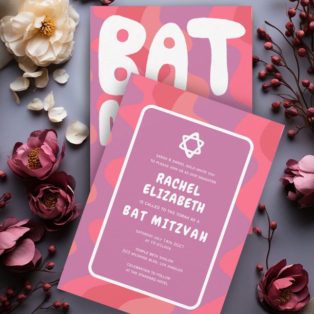 Groovy Rosa Vågar Star of David Anpassningsbar Bat Inbjudningar (Groovy Pink Purple Waves Star of David Custom Bat Mitzvah Handlettering Invitation Colorful  Cute)